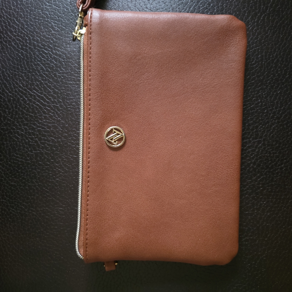 Caramel Leather Clutch with Gold Hardware and Zipper Closure